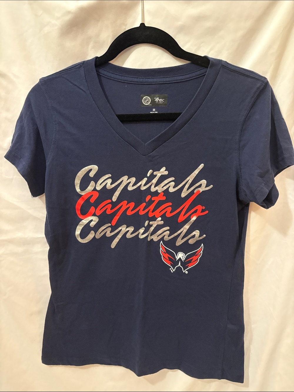 NHL Navy V-Neck Capitals Script Tee with Red & Silver Accents